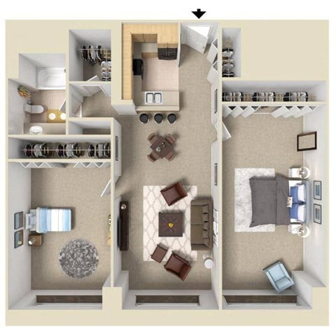 Floor plan for 2 beds, 1 bath, 960 sqft